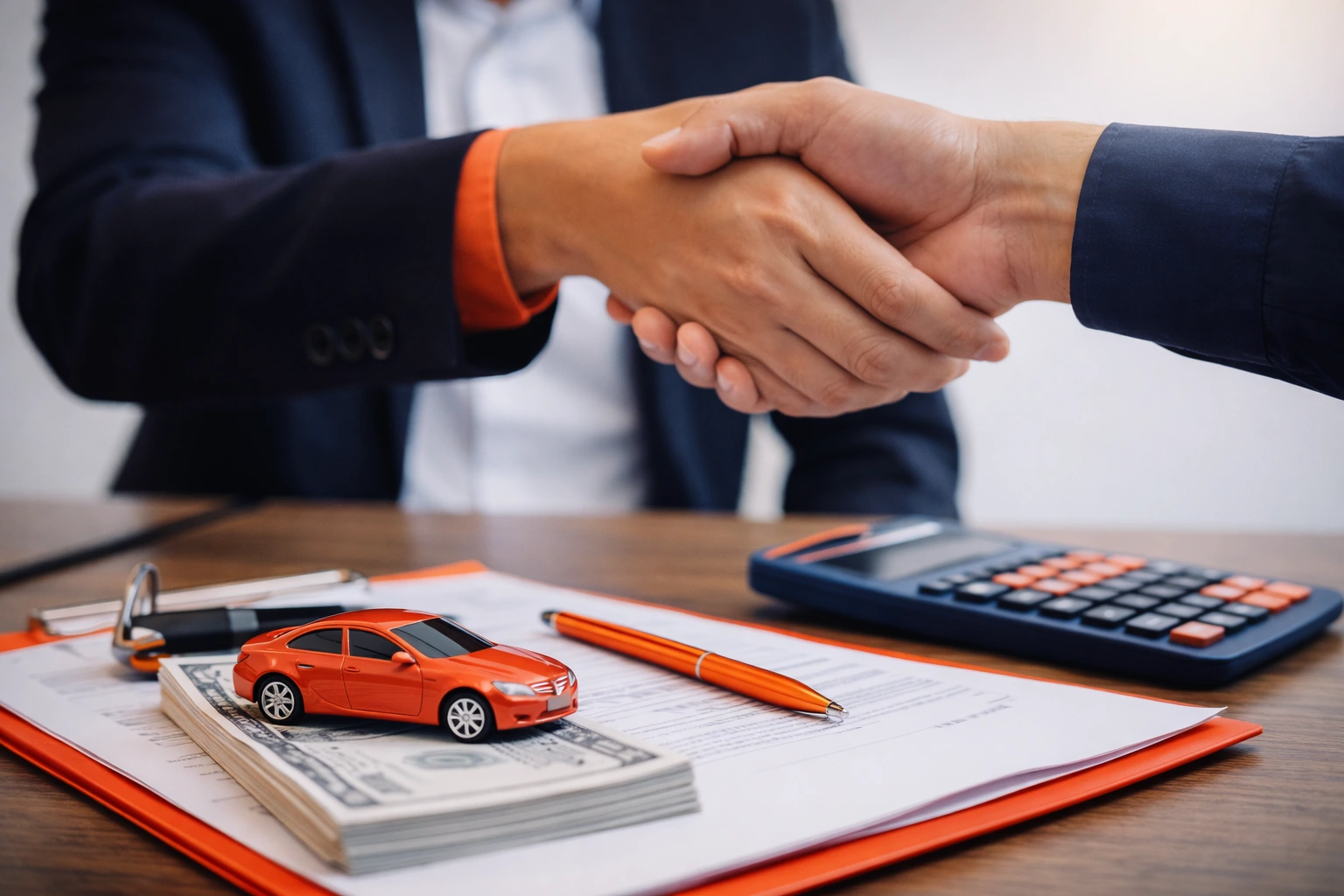 Aperto de mãos sobre contrato de seguro automotivo