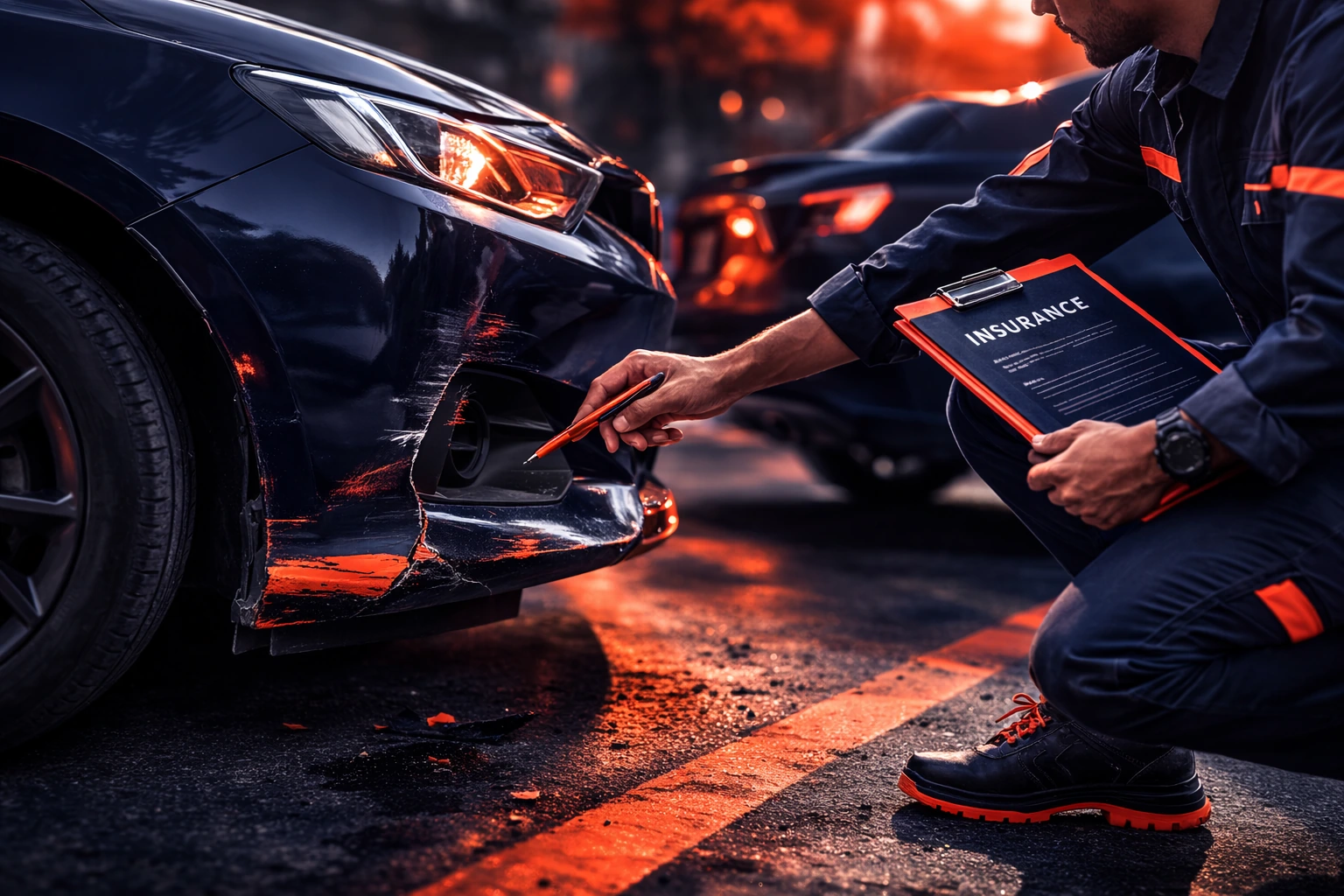 Especialista avaliando sinistro automotivo